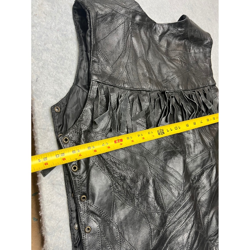 Canyon Creek Mens XL Black Patchwork Leather Fringe Western Biker Vest V-Neck - Picture 7 of 7